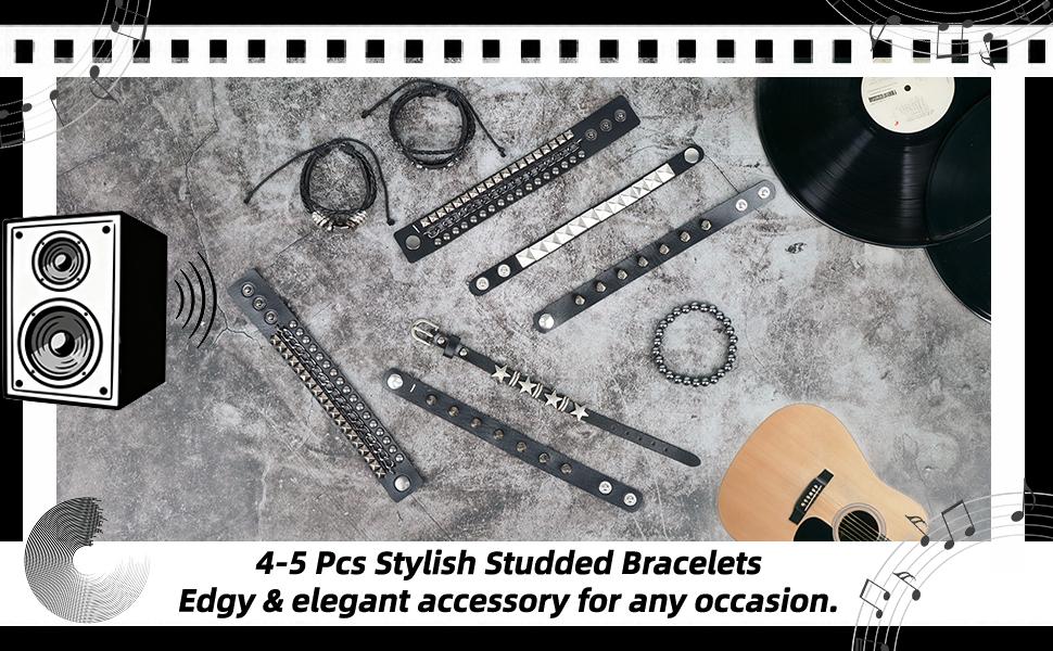 4 Pcs Punk Rock Studded Bracelet Set Leather Cuff Bracelets for Men Women 80s Emo Goth Accessories