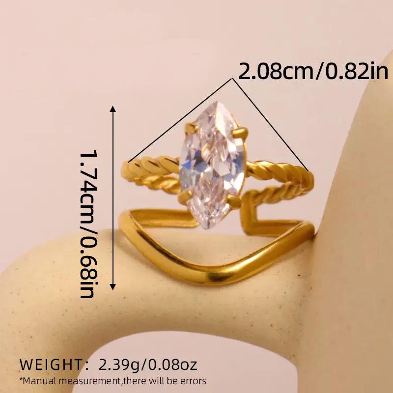 1pc 18K Gold Plated Geometric Line Zircon Open Ring for Women, Stainless Steel Adjustable Stackable Trendy Minimalist Statement Jewelry, Elegant Chic Birthday Holiday Anniversary Gift for Girlfriend Sister Bestie Gold-Plated Striped Couple Stacking