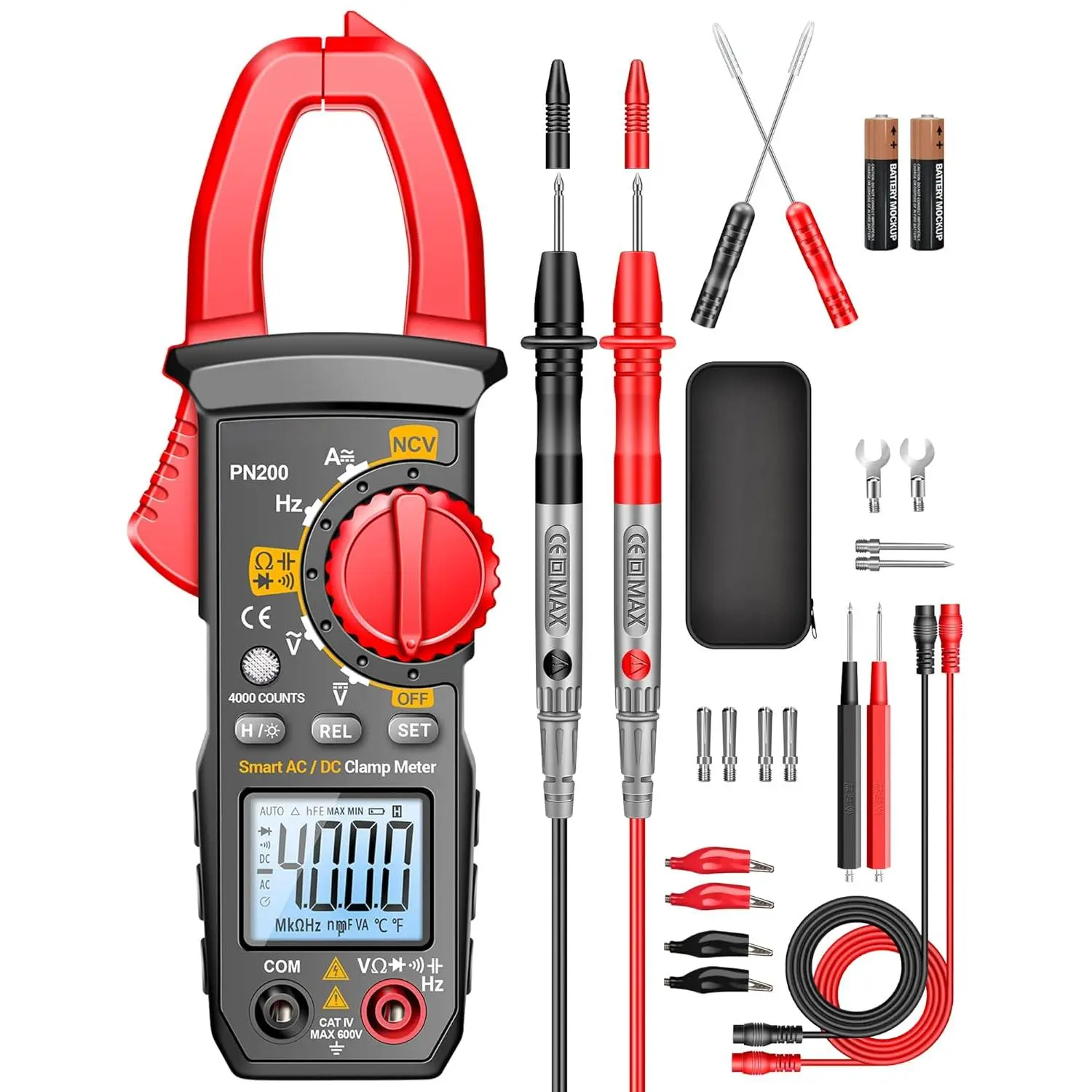 Digital Clamp Meter Multimeter Tester with AC/DC Current,Voltage, NCV Amp Ohm Volt 4000 Counts Meter Measures Capacitance, Resistance, Diodes, Continuity Frequency Backlight Electrican Tools, 1*Combination Lead, 1*Instruction Manual