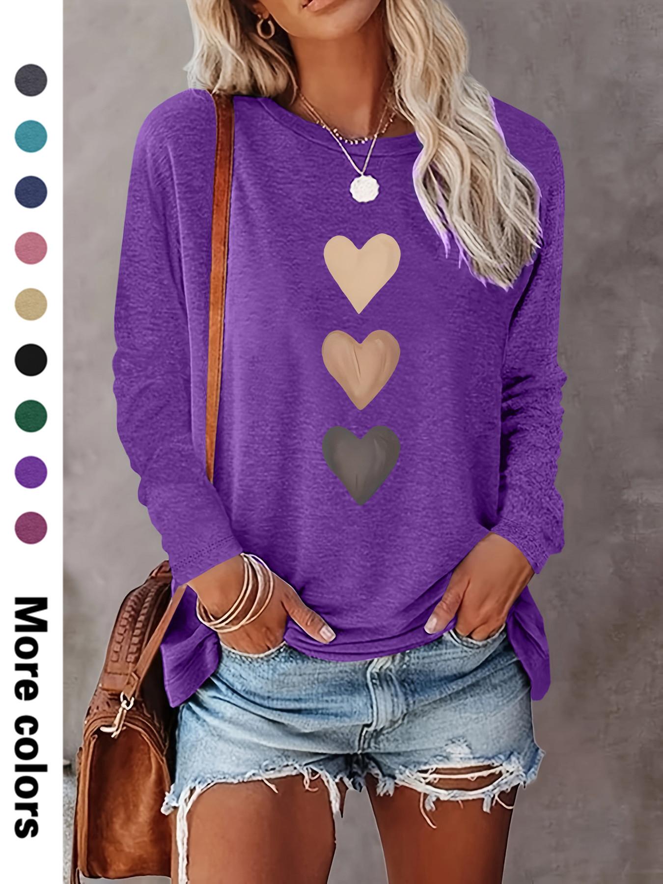 Women's Heart Print Round Neck T-shirt, Casual Long Sleeve Crew Neck T-shirt for Spring & Fall, Fashion Women's Top for Daily Wear
