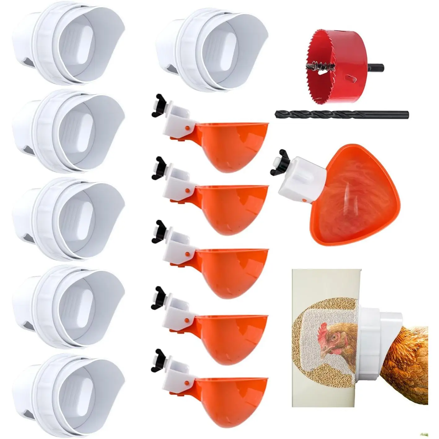 DIY Chicken Feeder and Waterer Automatic Chicken Feeder No Waste Poultry Feeder Kit for Buckets Barrels Bins Troughs, 6 Ports and 6 Water Cups