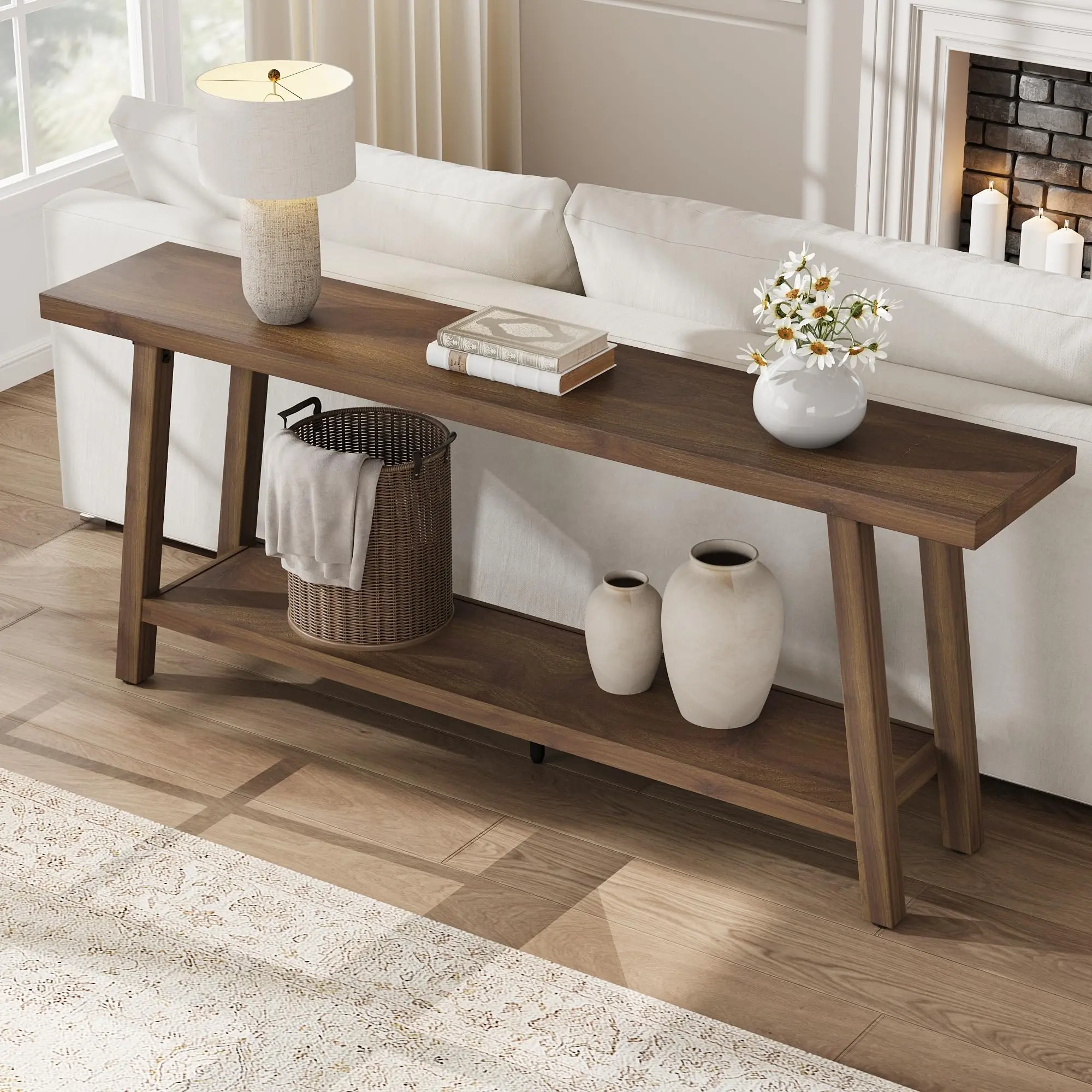 70.87 Inch Extra Long Farmhouse Console Table Only, Heavy Duty 2-Tier Narrow Rustic Vintage Brown Wooden Sofa Foyer Stand, 350 lbs Capacity for Entryway, Hallway and Living Room