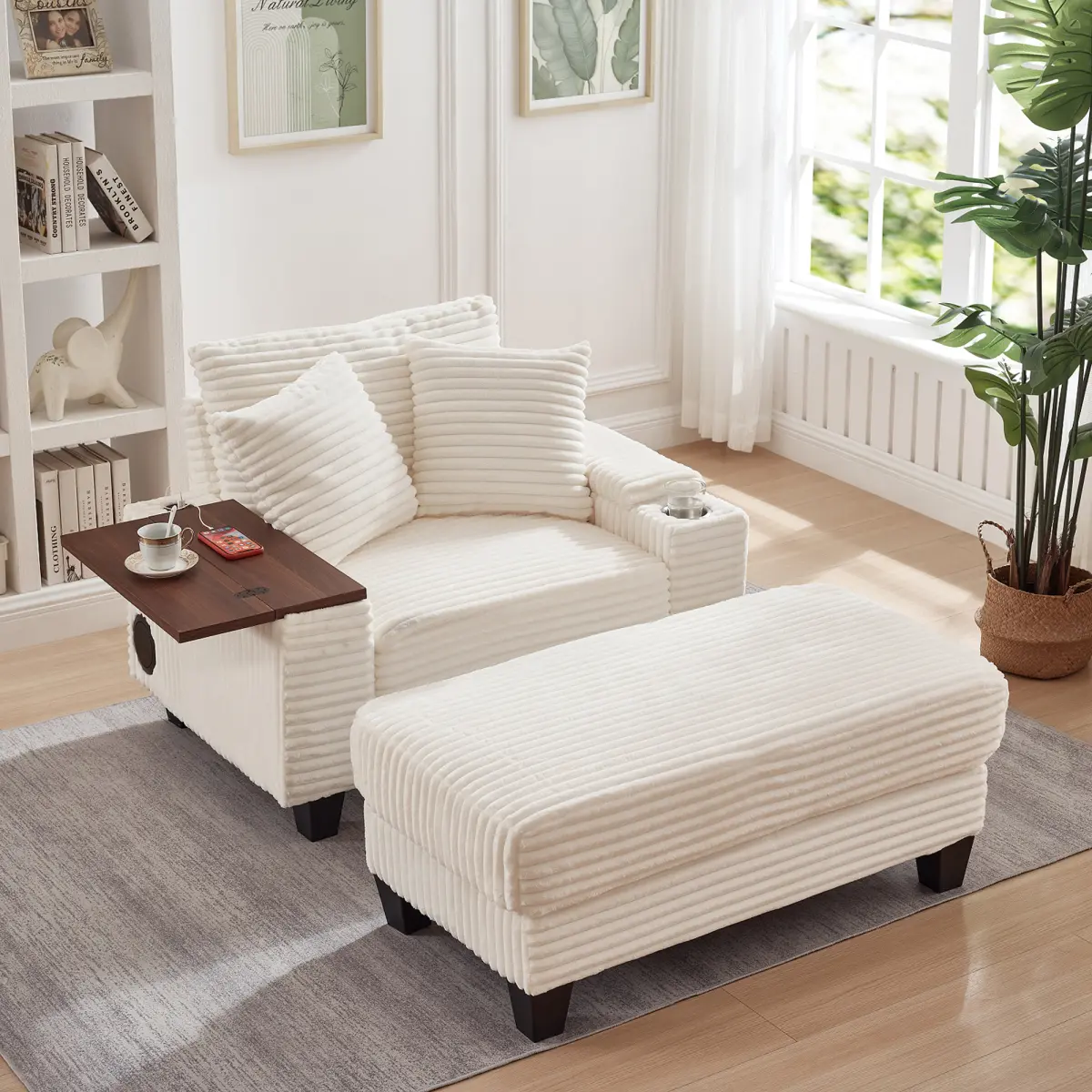 [Bellemave] Fluffy Corduroy Storage Armrest Sofa,Single Versatile Seat with Ottoman,Cup Holder,Bluetooth Speaker,USB Ports,180 ° Rotating Table Board,For Living Room,Bedroom and Apartment