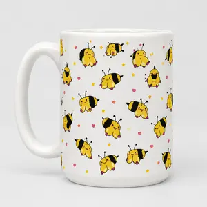 Cute Chubby Kawaii Bumblebee 11oz,15oz White Ceramic Mug, Coffee Cup,Sweet Cottagecore Spring Pollinator Bee Lover Oversized Daily Drinkware,Wide Comfort Handle Microwave Safe Beekeeper Pl