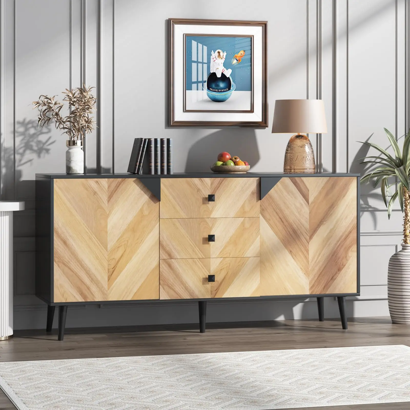 Storage Cabinet with Large Capacity, Walnut Black Cabinet, Durable Melamine Board versatile Organizer for Kitchen, Living Room, Bedroom, Entryway, Bathroom
