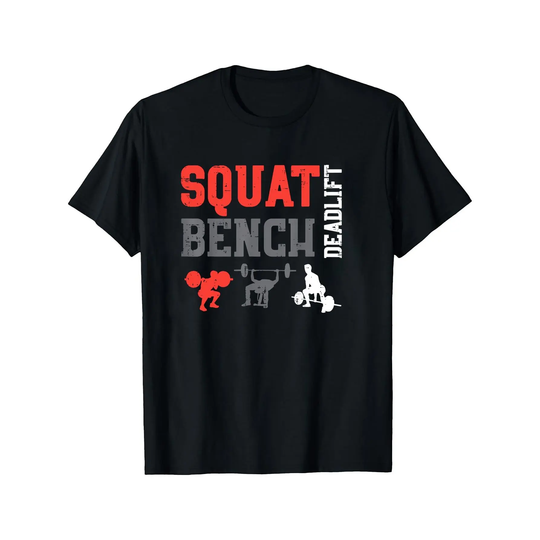 Men's Squat Bench Deadlift Graphic T-Shirt - Black Casual Menswear Tops, Short-Sleeve Round Neck, Weightlifting Icons, Bold Lettering, Knitted Fabric, Gym & Workout Enthusiasts, All-Season Comfort, Stretch, Cotton, Weight Icons