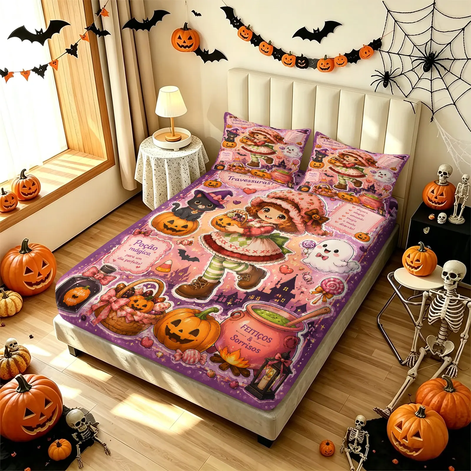 Portuguese Magic Little Witch Sticker Style Fitted Sheet Set & 2 Pillowcases, Strawberry Shortcake Black Cat Ghost Pumpkin Magic Potion Print Bedding, Elastic Deep Pocket, Fairy‑Tale Halloween Bedroom Kids Room Decor, Holiday Bedding