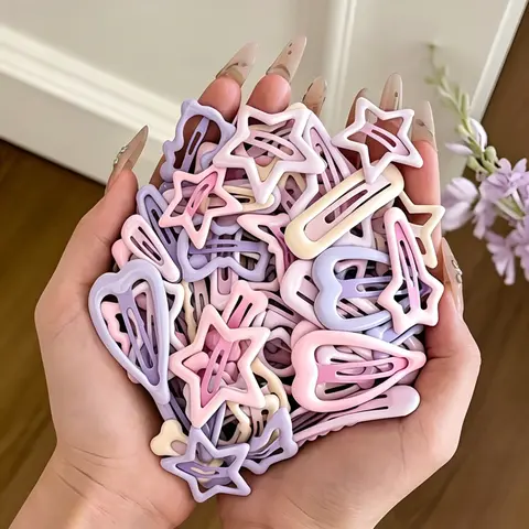 30pcs Random Color Macaron Cute Fun Hair Clips, Hollow Out Star Heart Shapes, Sweet Style Daily Use, Versatile Hair Accessories Hairclips