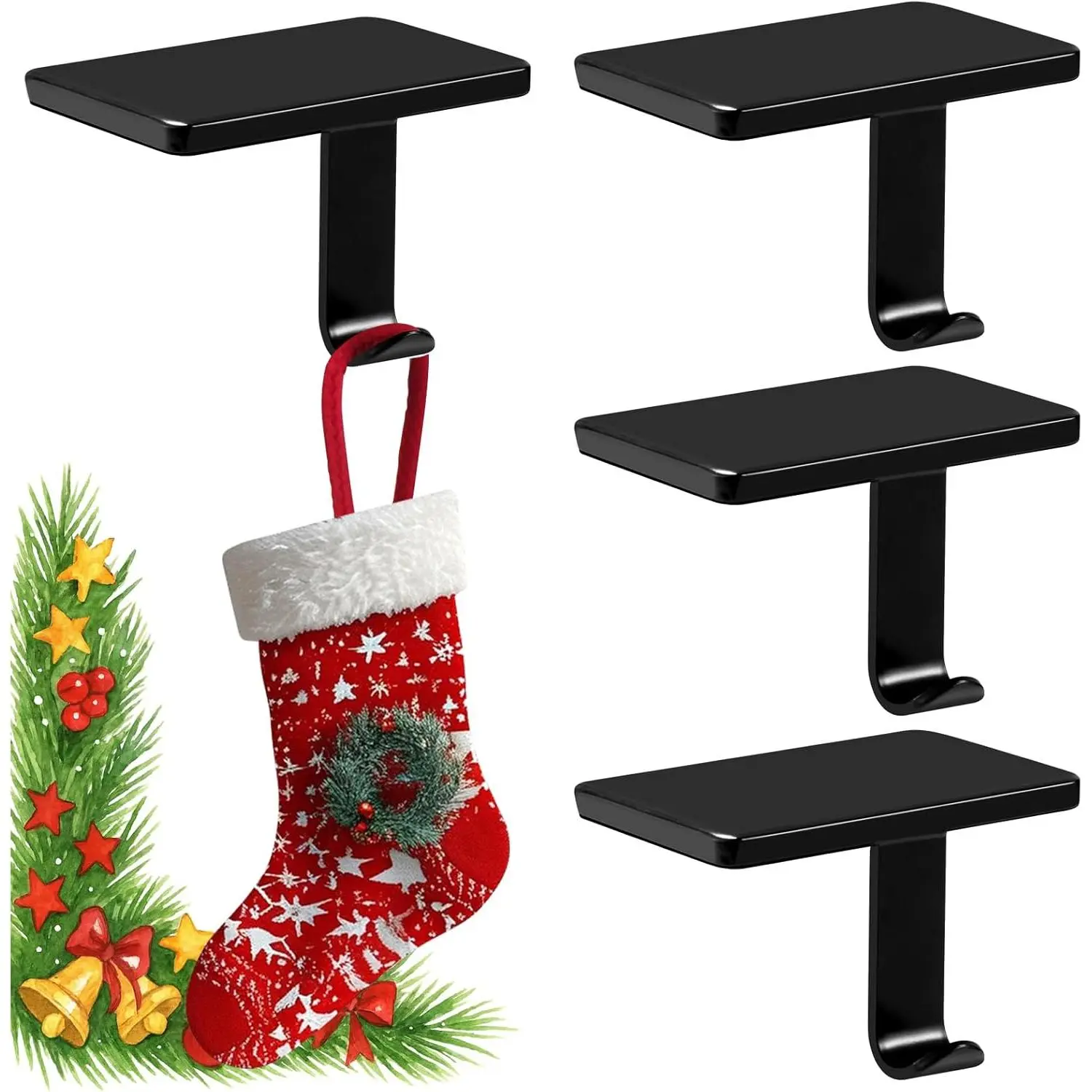 Christmas Stocking Holders for Mantle Set of 6 Weighted Heavy Duty Flat Stocking Hangers for Garland Fireplace Wall (Black)