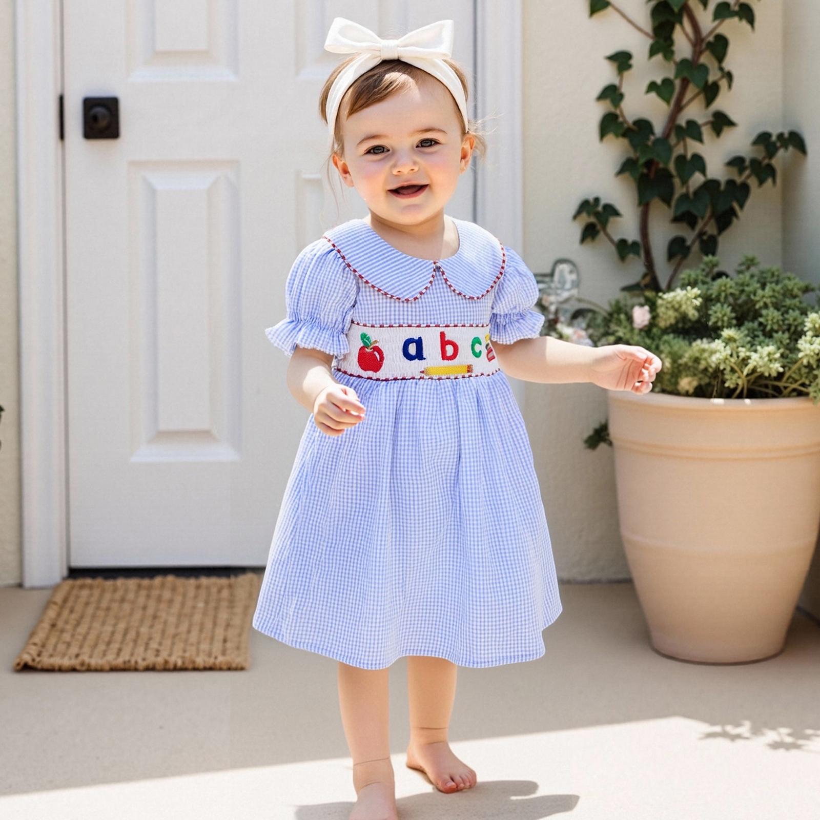 Toddler Girls Back to School Outfit Letter Apple Embroidery Plaid Doll Collar Short Sleeve Babydoll Dress Summer