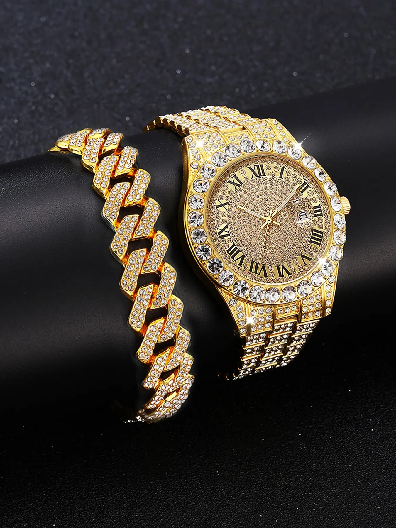 Men's Luxury Fashion Quartz Watch Set with Hip Hop Cuban Bracelet, Trendy Gift, Blue Dial, Mineral Glass, Alloy Case, All Seasons