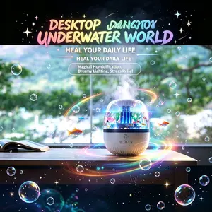 Creative Fish Tank Diffuser Humidifier, Home Silent Multi-Color Ambient Light Timer, Essential Oil Dispenser Desktop Decor