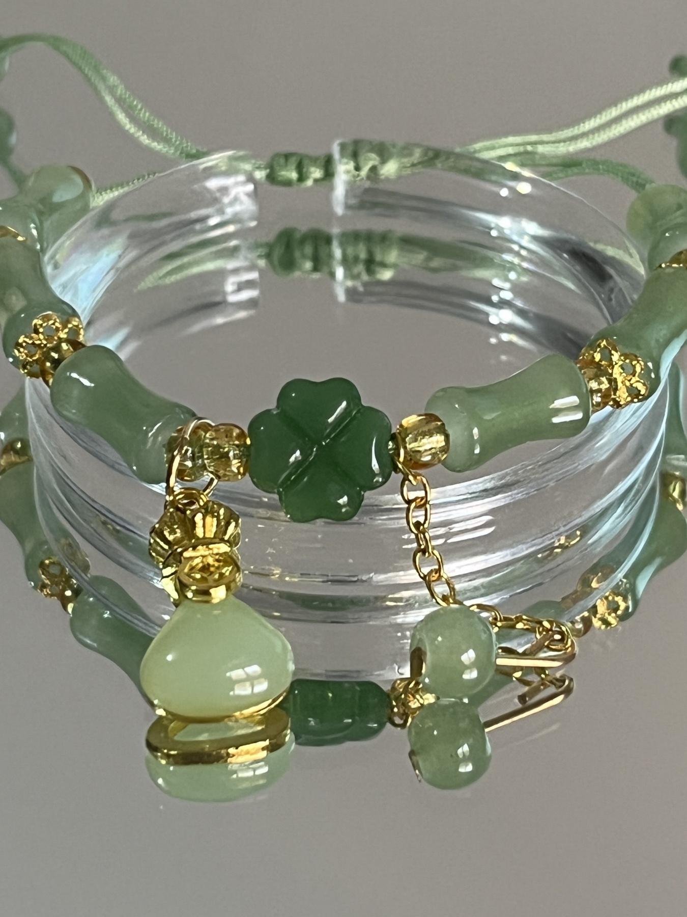 Chinese Style Four Leaf Clover Design Beaded Bracelet, Flower Design Bracelet, Fashion Resin Glass Bead Bracelet for Women for Party, Daily Clothing Decor, Trendy All-match & Exquisite Jewelry for Birthday Gift