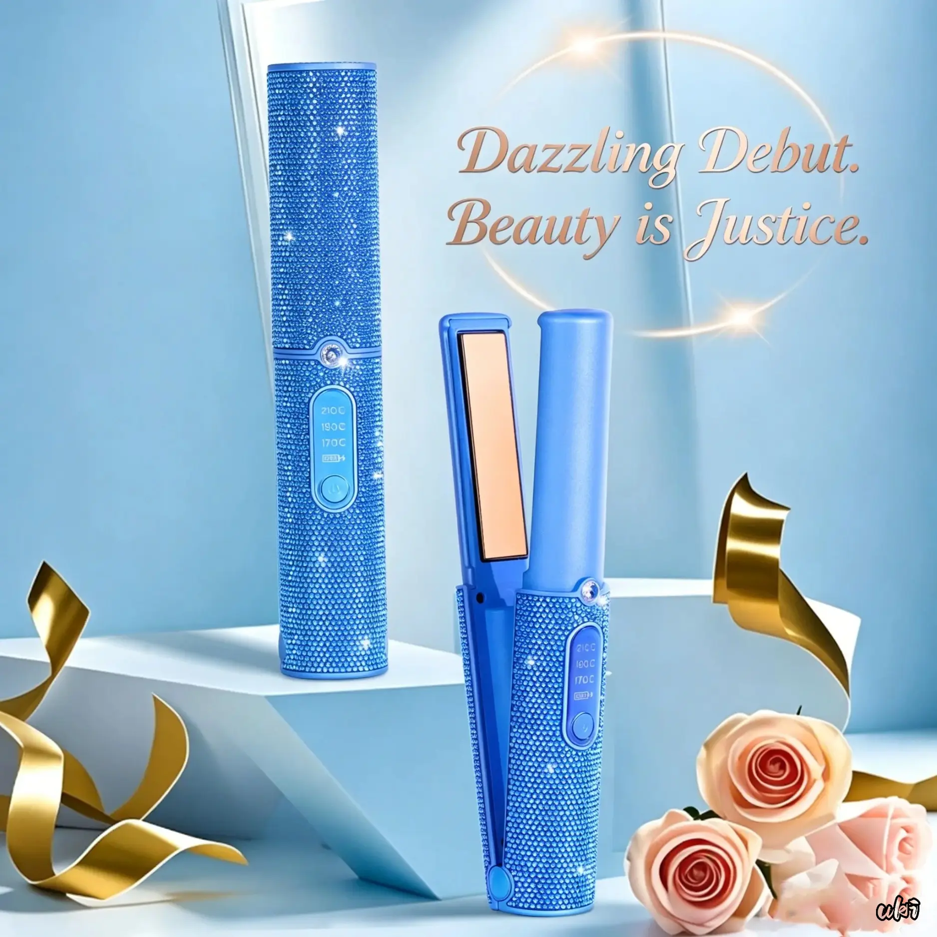 Blue Rhinestone 2-In-1 Cordless Hair Straightener & Curler, Mini Portable Travel Styling Iron With 3 Adjustable Temperatures, Compact Lightweight Hair Tool For Home, Travel & Daily Styling, Frizz, All Hair Types