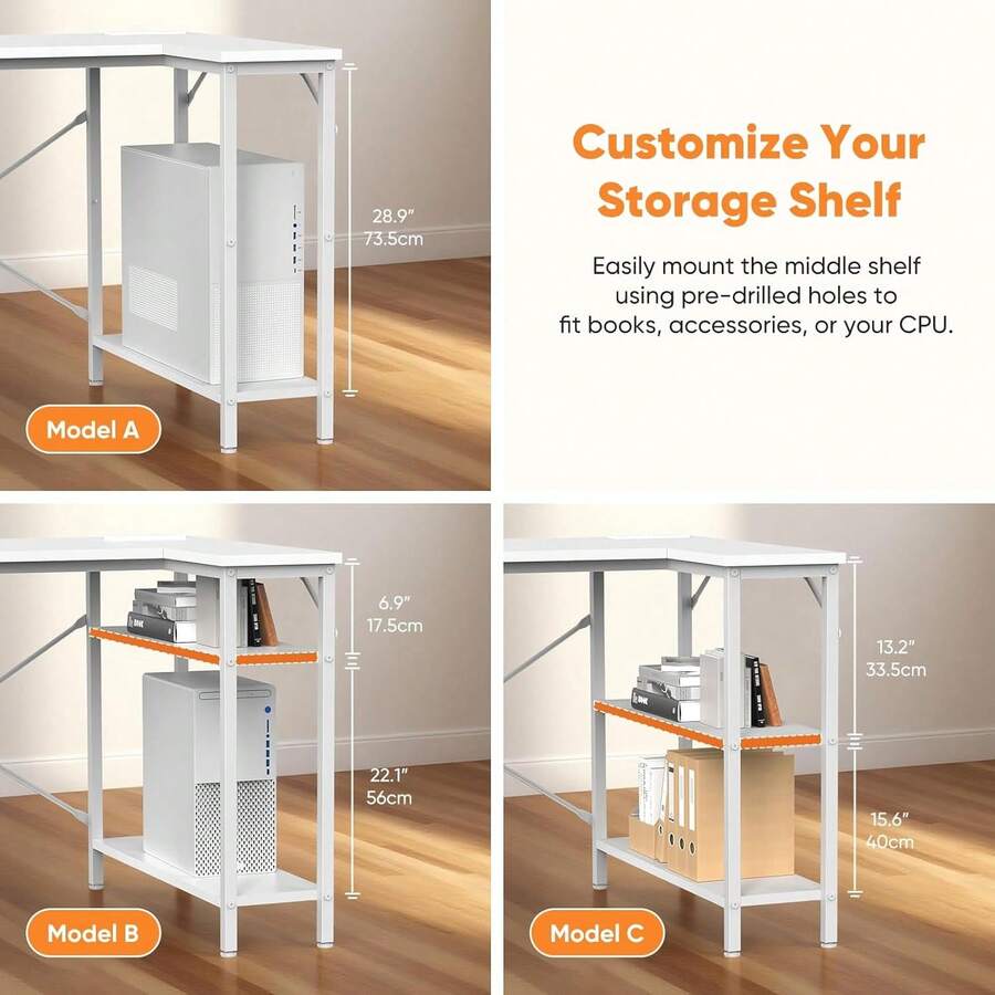 L-Shape White Corner Desk, Gaming/Computer/Study Table, 3 Sturdy Fabric Drawers (22LBS Each), 3 Outlets + USB + Type-C, Adjustable Open Shelves, Steel X-Bar, P2 MDF, Home Office Bedroom Use