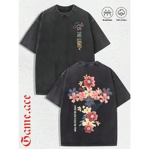 1 PCS Religious "Jesus Is The Light" Floral Cross Graphic Tee: Featuring Distressed Vintage Finish, Front Elegant "Jesus Is The Light" Letter Print With Heart Accents