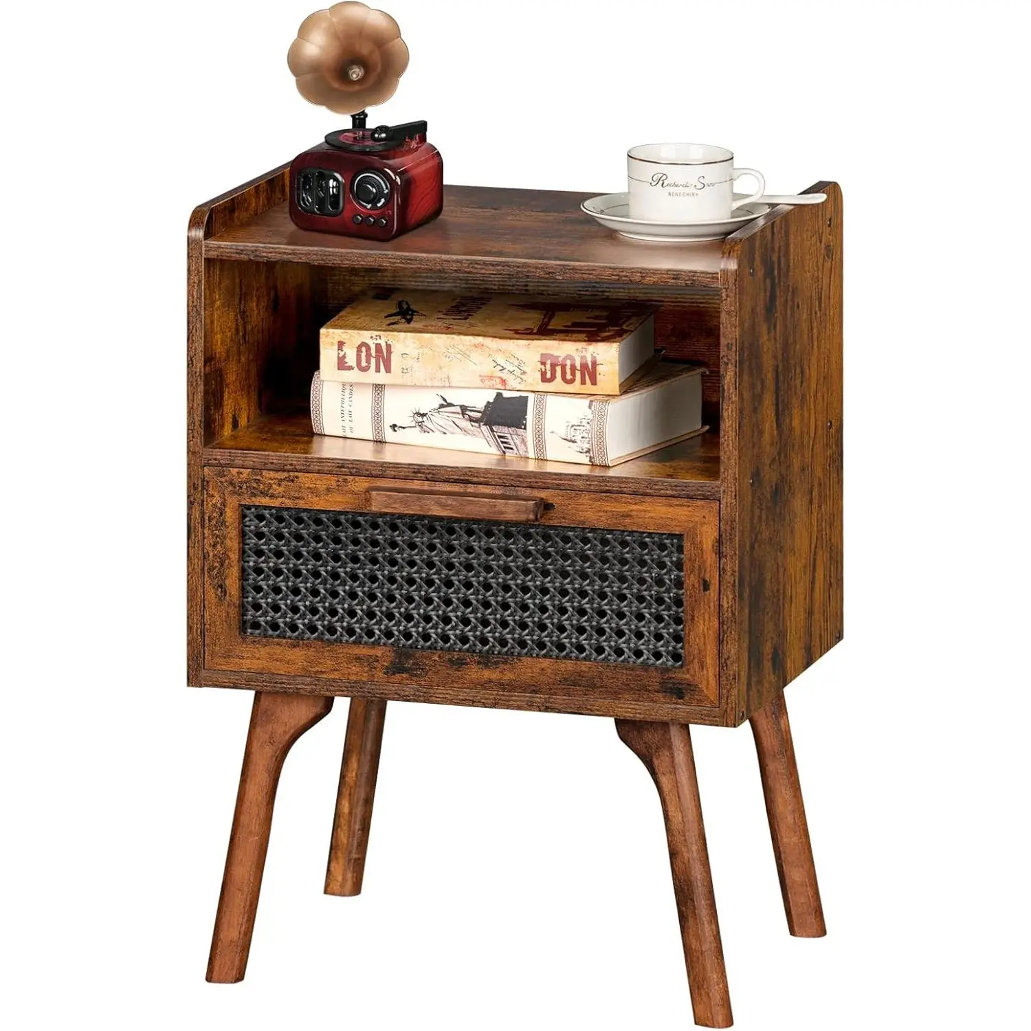 Rattan Nightstand, Boho Side Table with Drawer Open Shelf | Cane Accent Bedside End Table with Solid Wood Legs for Bedroom, Dorm and Small Spaces (Brown)