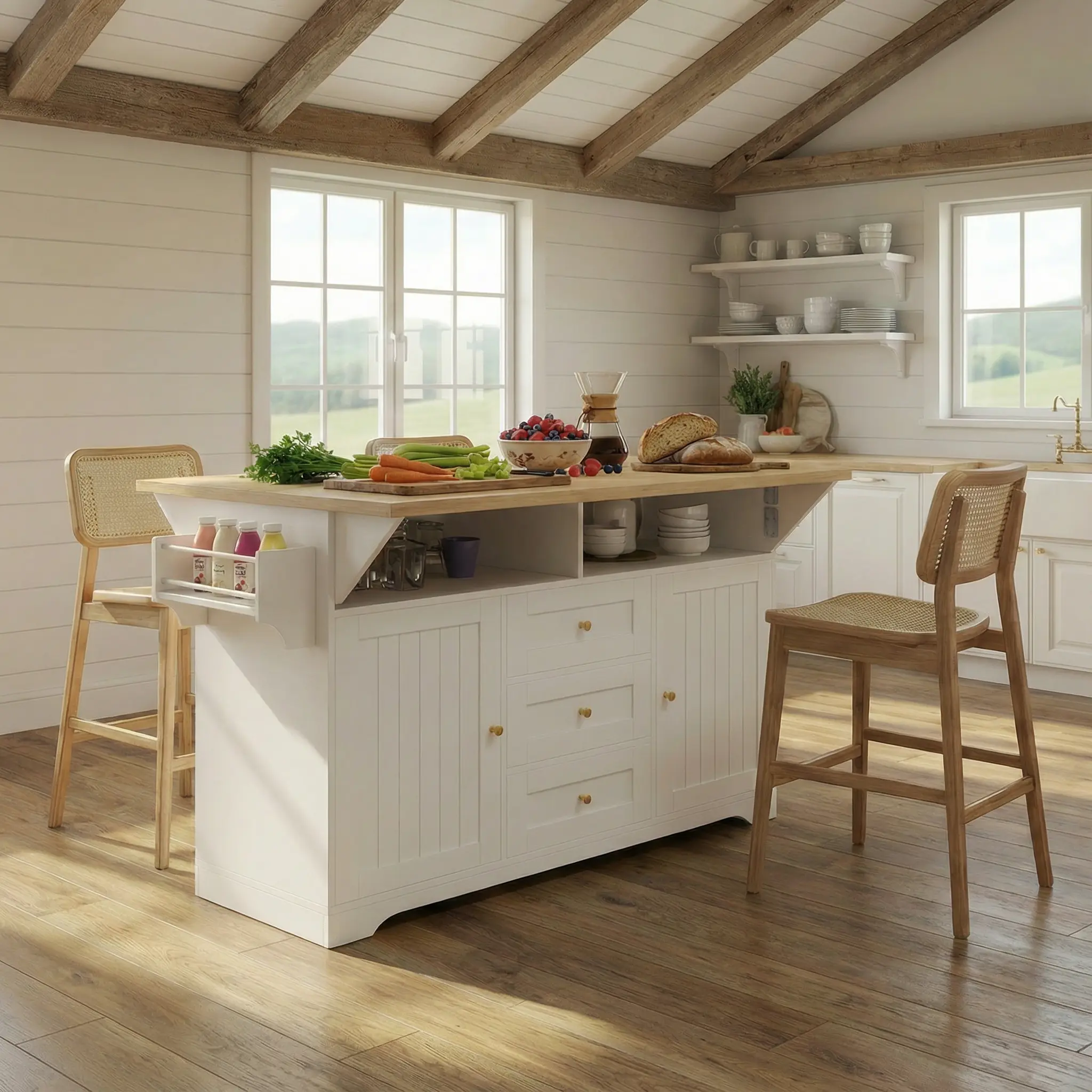 ARCH Large Kitchen Island with 2 Drop Leaf, Rolling Kitchen Cart on 5 Wheels with Power Outlet, Folding Storage Dining Table with Spice & Towel Rack, 3 Drawers, White MDF for Kitchen Dining Room, White Color Options, MDF Material, Product Dimensions: