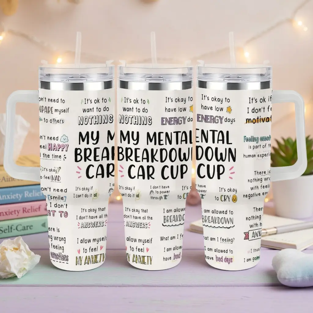 40oz Tumbler With Handle My Mental Breakdown Cup Positive Mental Health Quote Insulated Stainless Steel Travel Cup With Straw Self Care Anxiety Awareness Coffee Mug Gift For Women