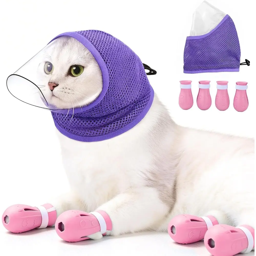 Adjustable Cat Muzzle for Grooming & Biting Prevention, Breathable Anti-Bite Cat Mask, 4 Anti-Scratch Gloves Boots, Silicone Shoes for Vet Visit