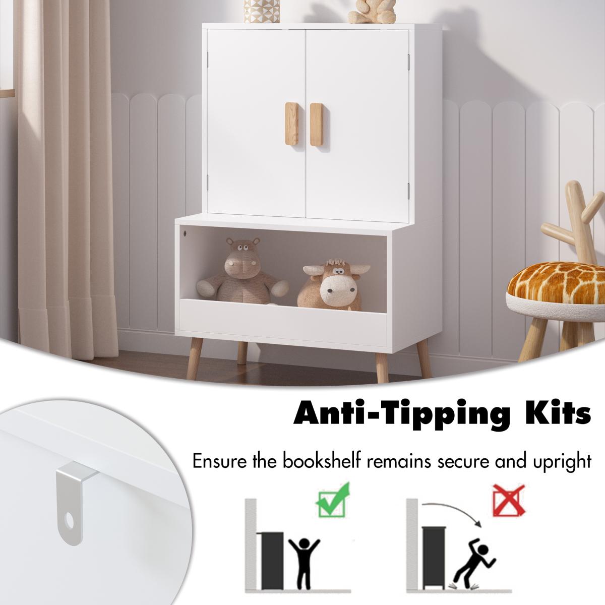 Kids Toy Storage Cabinet with Doors and Open Shelf, White Modern Wooden Organizer with Natural Wood Legs, Toddler Bookshelf for Playroom, Nursery, Bedroom