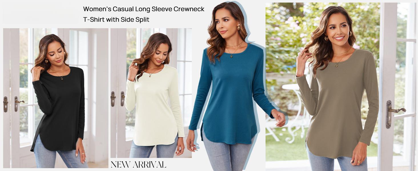 Women's Casual Long Sleeve T Shirt Crewneck with Side Split Fall Pullover Loose Tunic Sweater Tops