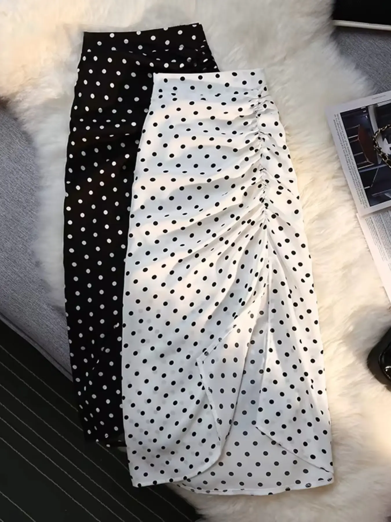 2-Pack Women's French Elegant Chic High-Waist Polka Dot Midi Skirts, Boho Bohemian Pleated Elastic Waist, Casual All-Season Wear