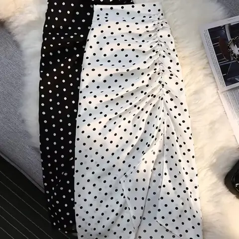 2-Pack Women's French Elegant Chic High-Waist Polka Dot Midi Skirts, Bohemian Boho Pleated Elastic Waist, Casual All-Season Wear