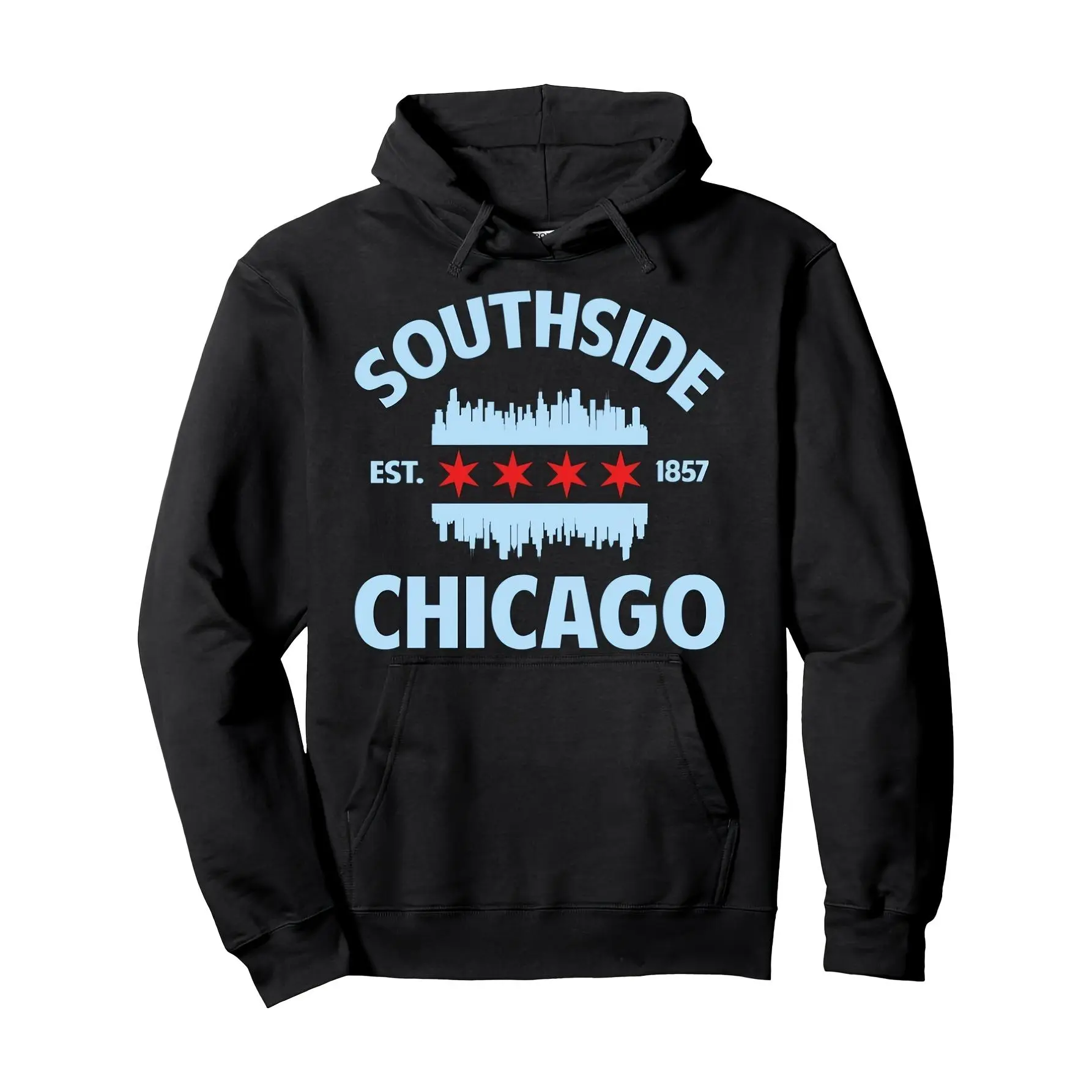 Men's South Side Chicago Flag Skyline Hoodie |   Loose casual sports pullover, Chicago-themed pattern, autumn and winter clothing, unisex, soft, breathable, lightweight, round neck regular fit, machine washable, comfortable, black