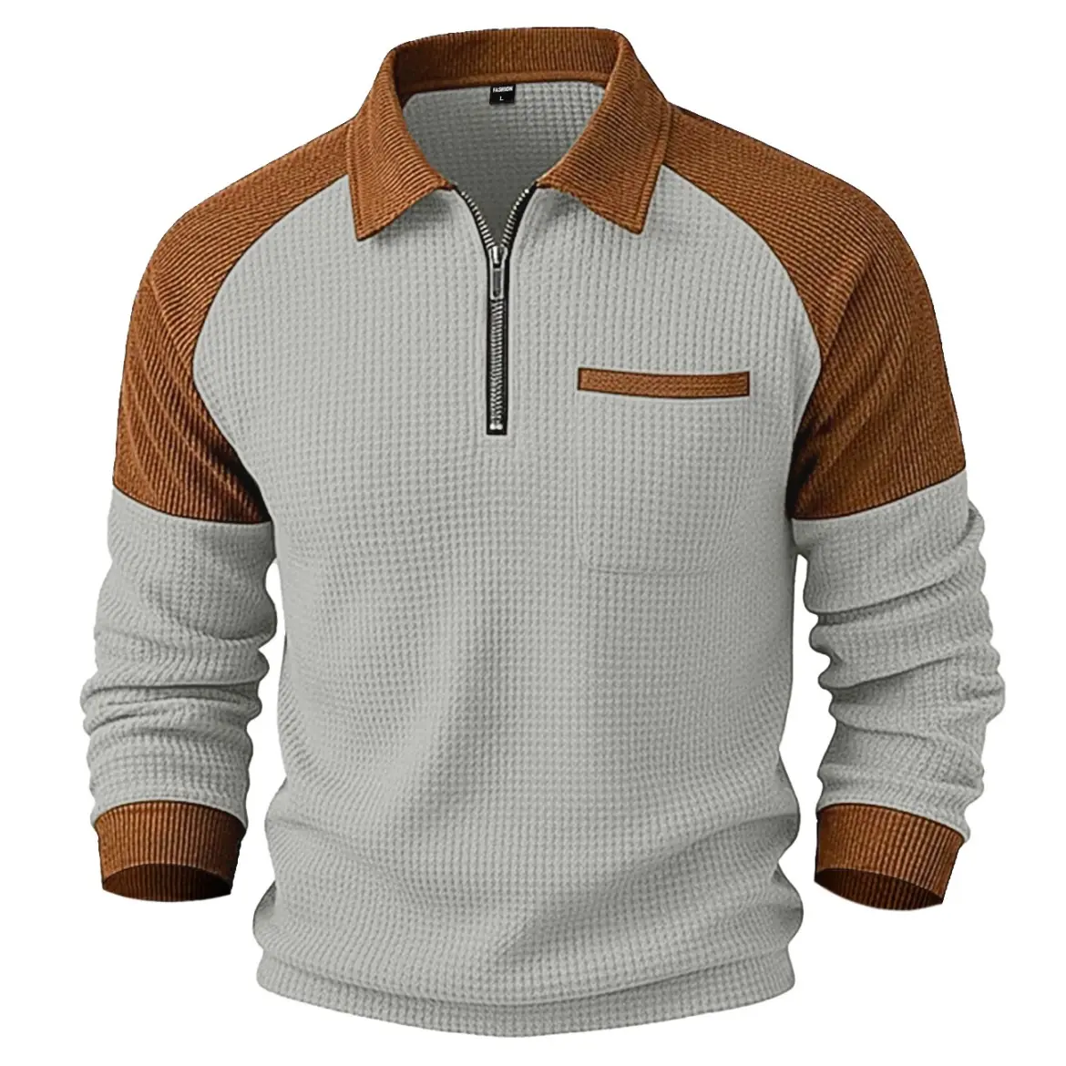 Men's Textured Half-Zip Collared Top Featuring Long Sleeves With Color-Block Paneling And A Vintage-Style Collar; Suitable For Daily Wear, Commuting, Travel, And Weekend Outings During Autumn And Winter.
