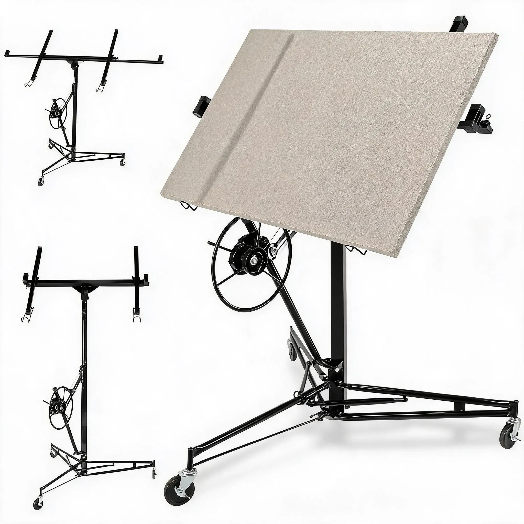 Drywall Lift Jack, 150LB, 3.5-11FT Adjustable Height, 60° Tilt & 360° Rotation, Steel, Wheels, for Ceiling/Wall Install