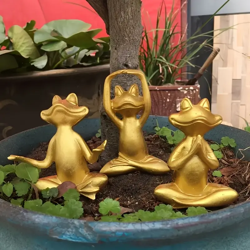 Three Gold Frog Yoga Statues, Resin Meditation Figurines, Perfect for Living Room, Bedroom, Office, Unique Gifts for Yogis, Mothers, Grandmothers