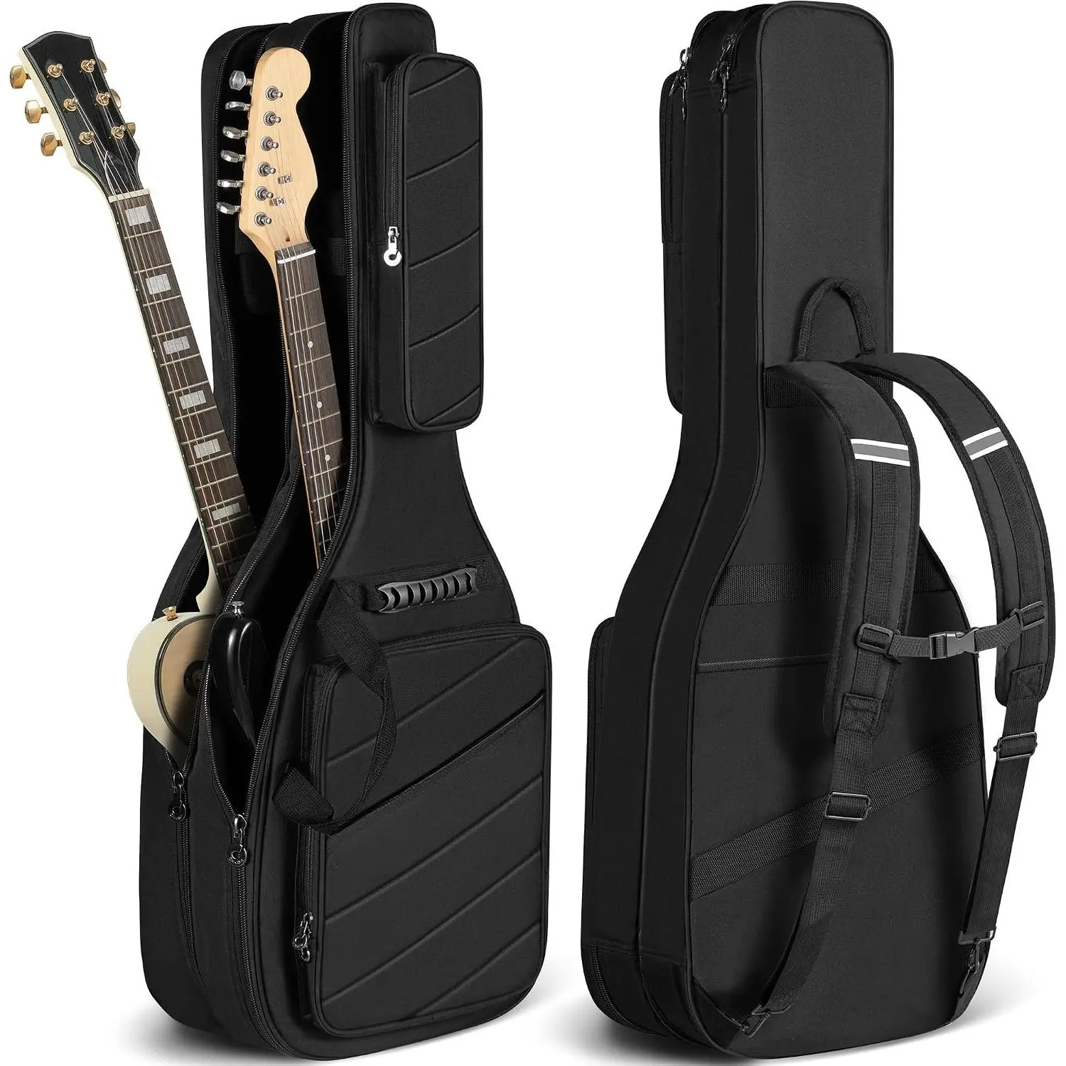 Electric Guitar Gig Bag Padded Soft Guitar Case Backpack Black | Padded double case holds 2 guitars, fits , TELE & LP electric guitars. Adjustable  backpack straps CY0378