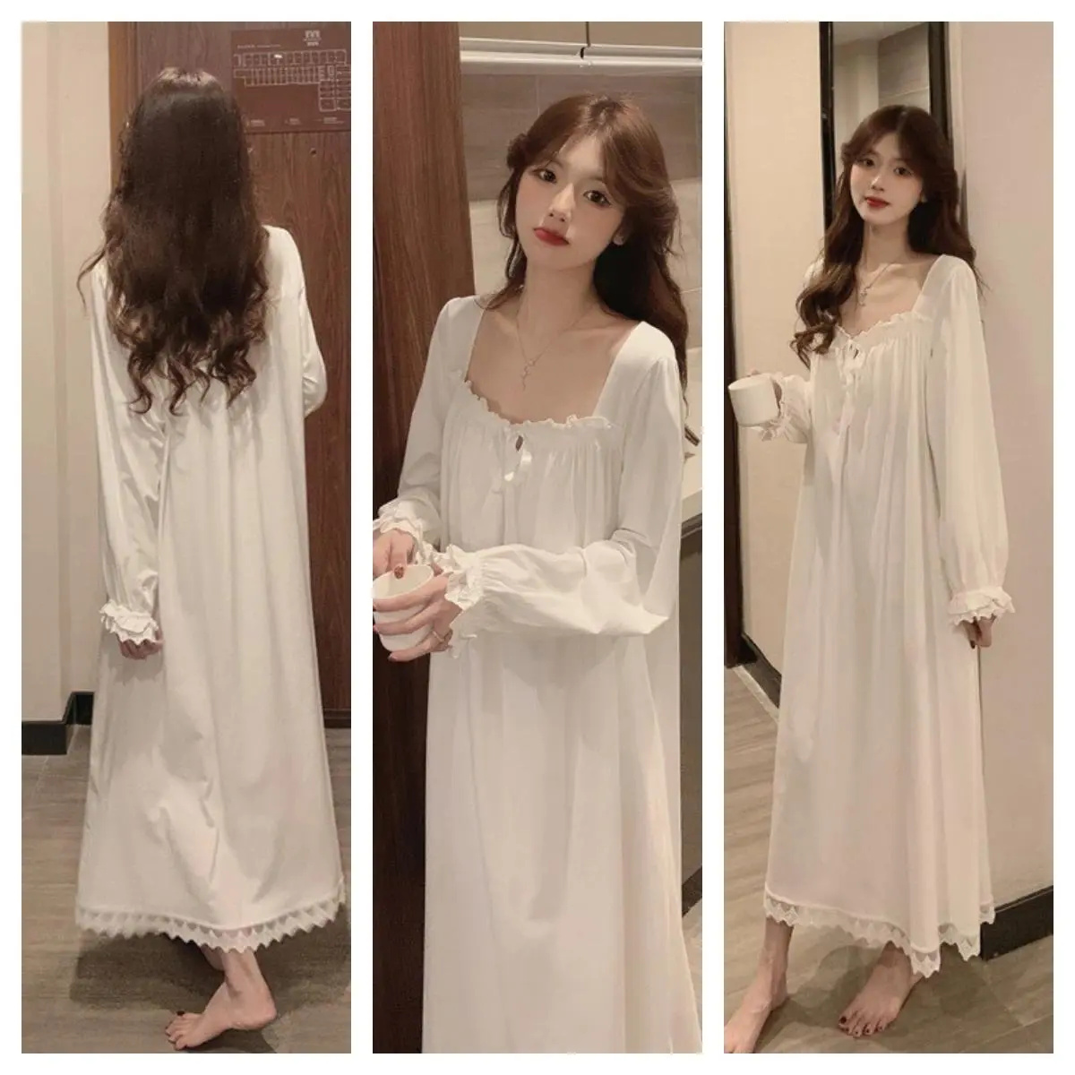 Romantic Princess Nightdress for Women, Plus Size Long-Sleeve Sleep Gown, Cute Long Length Korean Homewear, Romance, Minimalist, Nightwear, Plain, Loose-Fit, Keyhole Back, Polyester, Casual, Chic, Elegant, Basic
