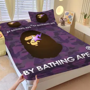 Streetwear Purple Camo Ape Fitted Sheet Set, 1 Fitted Sheet + 2 Pillowcases, Cool Camouflage Monkey Print Bedding, Soft Microfiber Bed Linen for Teens, All Season Bedroom Decor
