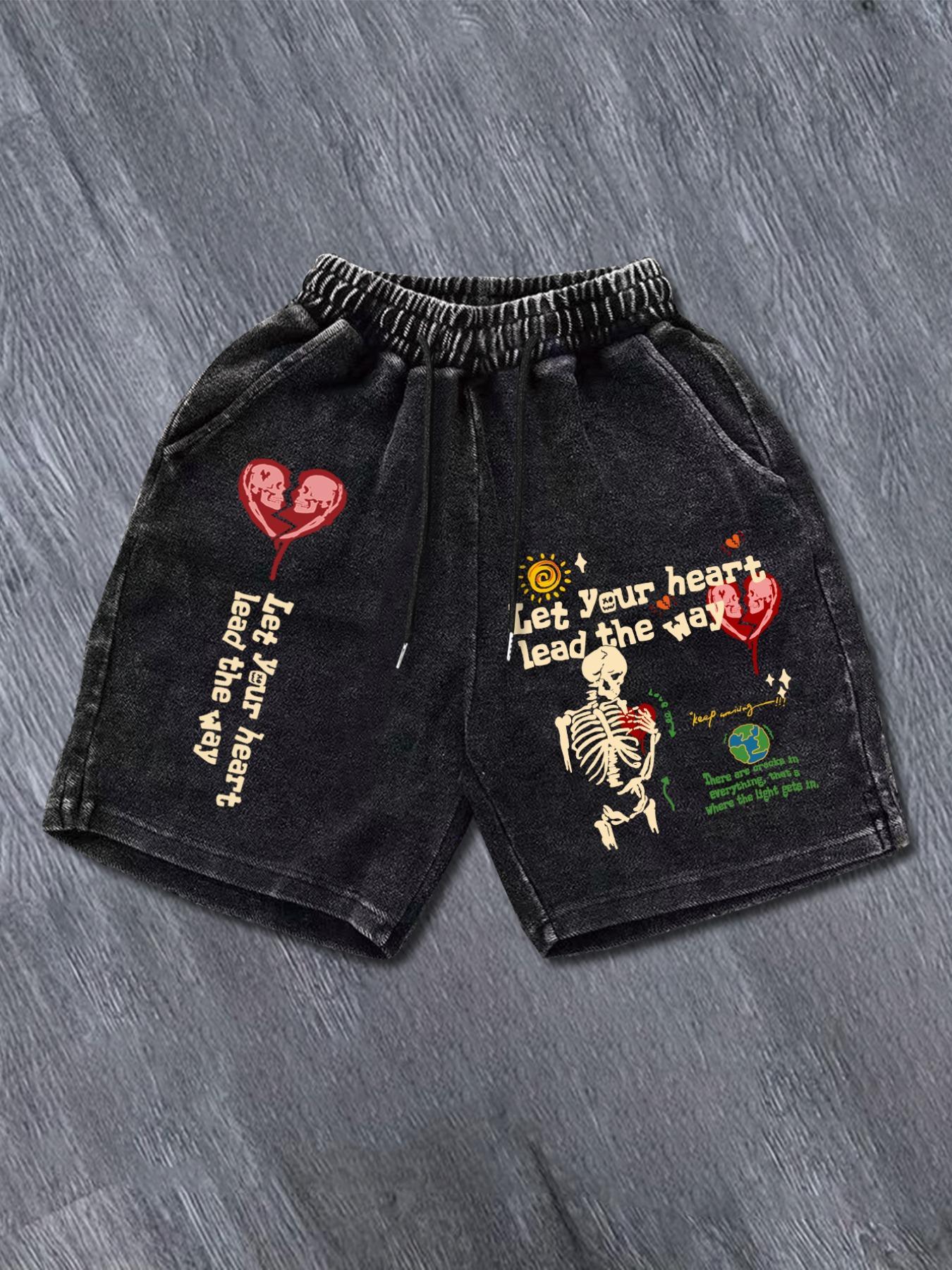 Men's Denim-Effect Print Letter Graphic Drawstring Waist Shorts, Casual Streetwear Shorts, Regular Fit Casual Street Comfy Shorts for Summer, Men's Bottoms for Daily Wear