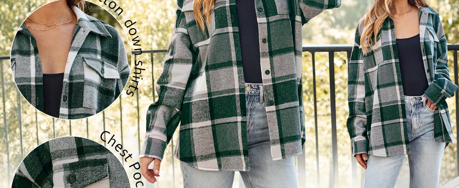 2026 Trendy Queen Womens Flannel Shacket Casual Jacket Plaid Button Down Long Sleeve Shirt Fall Winter Outfits