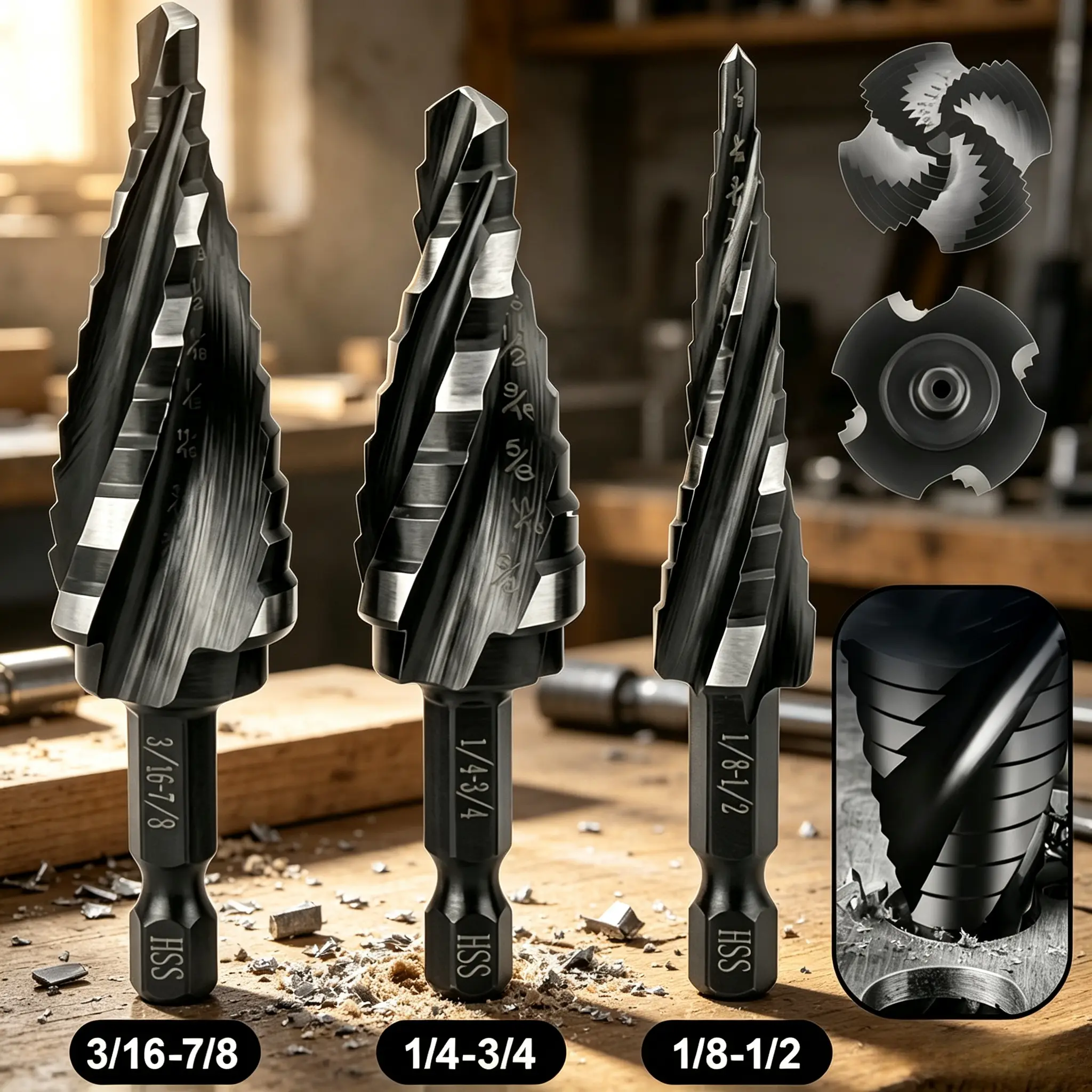Three sets of four spiral groove step drill bits, high-speed steel hexagonal shank hole drilling machine, stainless steel metal wood plastic universal hole opener