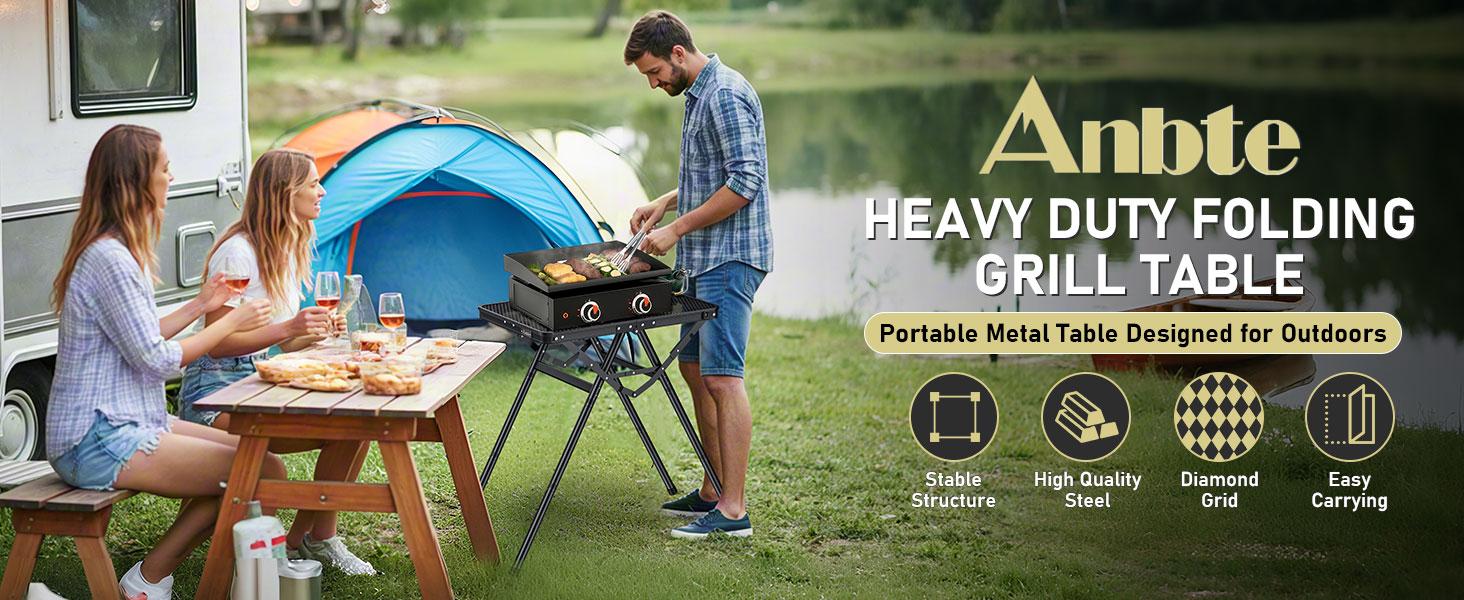 Anbte 2ft Folding Grill Table, Supports 180 Lbs, 2 Adjustable Height 28” Portable Grill Table Heat-Resistant Tabletop, Folding Metal Table for Camping BBQ Cooking Backyard Outdoor, 24" X 16", Black