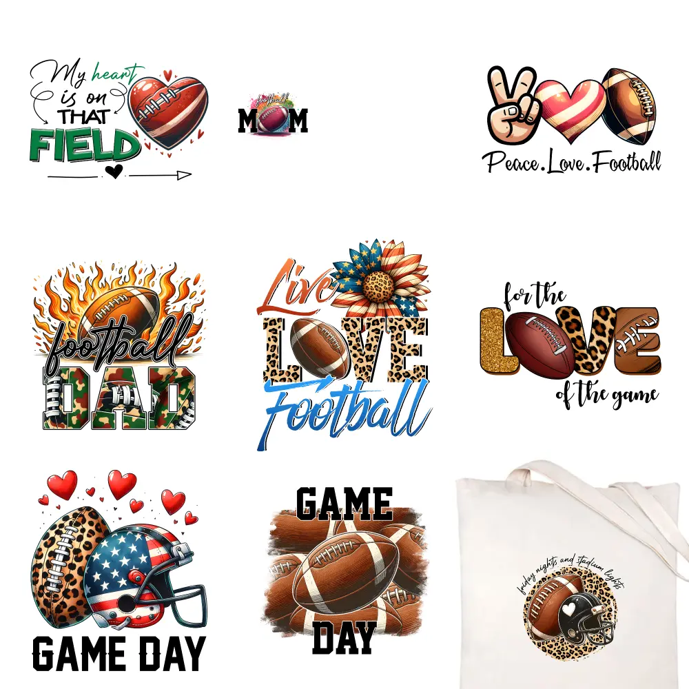 9 Pcs Football Mom Peace Love Football Football Dad Live Love Football For The Love Game Day Game Day Football Helmet Iron on Transfers Iron On Transfer Patches Hoodie DIY Crafts DTF Transfers Ready iron on decals Washable heat