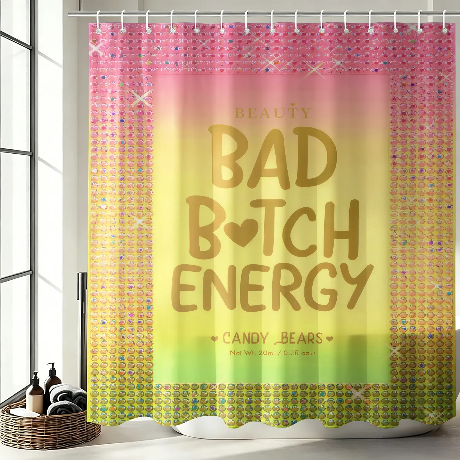 Gradient Rhinestone Border Bad B Energy Shower Curtain, 72x72inch，Y2K Hot Girly Aesthetic, Thick Waterproof Mildew Resistant Fabric, Print Glitter Texture & Candy Bears Slogan, With Hooks Easy Install, For Girls Apartment, Bathroom Decor