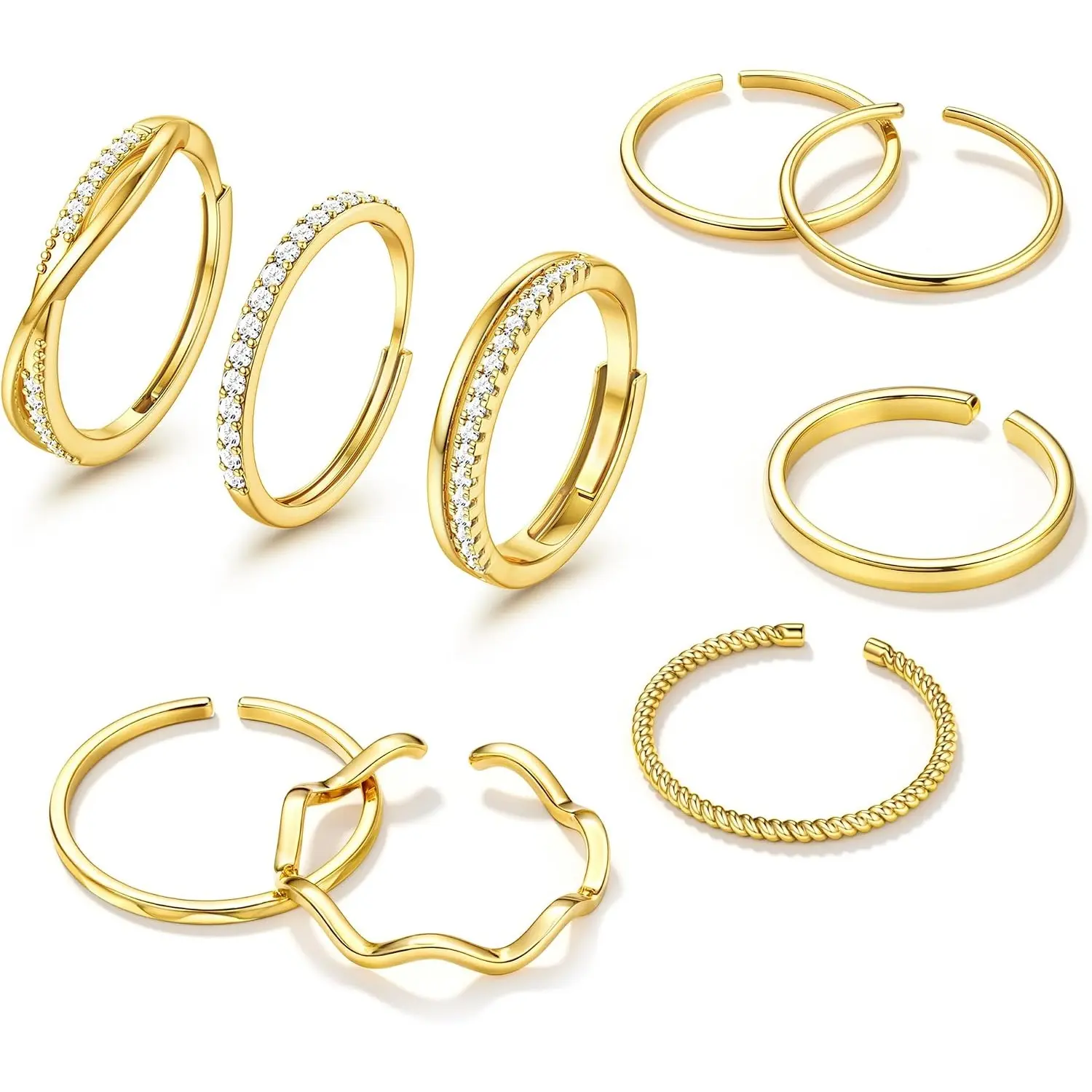 ORAZIO 14K Plated Gold Stackable Rings for Women Non Tarnish Open Adjustable Rings Cubic Zirconia Thin Thumb Silver Ring Set 14K Gold Filled Pinky Knuckle Stacking Set - Dainty Statement Promise Band Ring Sets