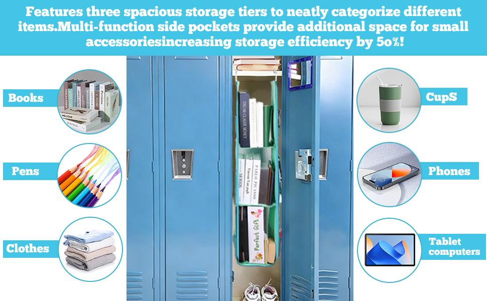 Locker Organizer with Hooks & Shelf, Unibody Steel Frame for Sag-Free Use in School, Gym, Work, Adjustable Storage Solution for Full/Half Lockers (Cyan)
