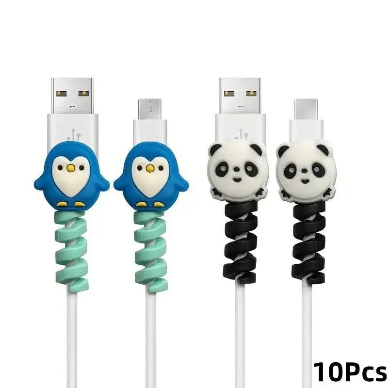 10Pcs Cute Cartoon Animal Silicone Spiral Cable Protectors, Easy Installation, Durable, No Battery Required, Cellphone