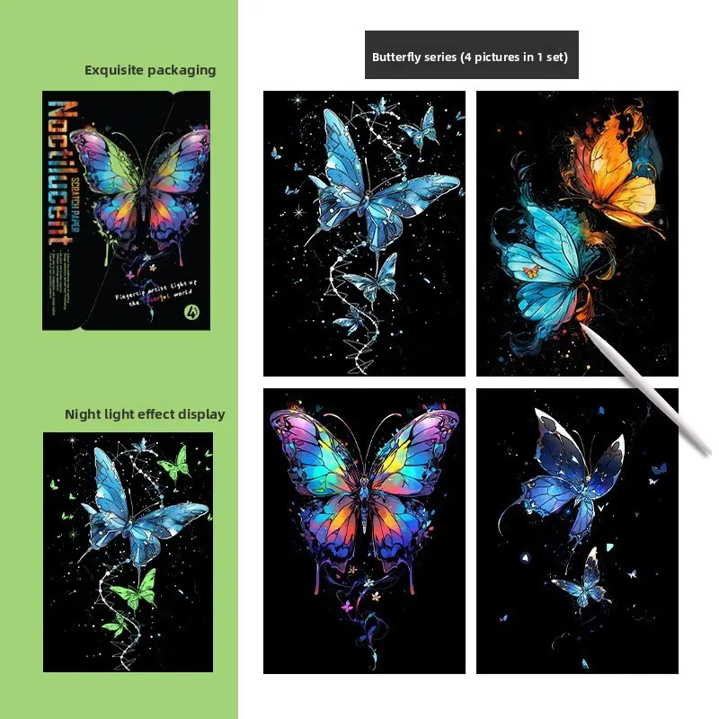 A set of 5 luminous colorful, Creative diy scratch art sheets with patterns, made of A4 sand art paper, delivers dual visual experience of glowing effects and vivid colors, ideal for relaxing and holiday fun, Artistic experience