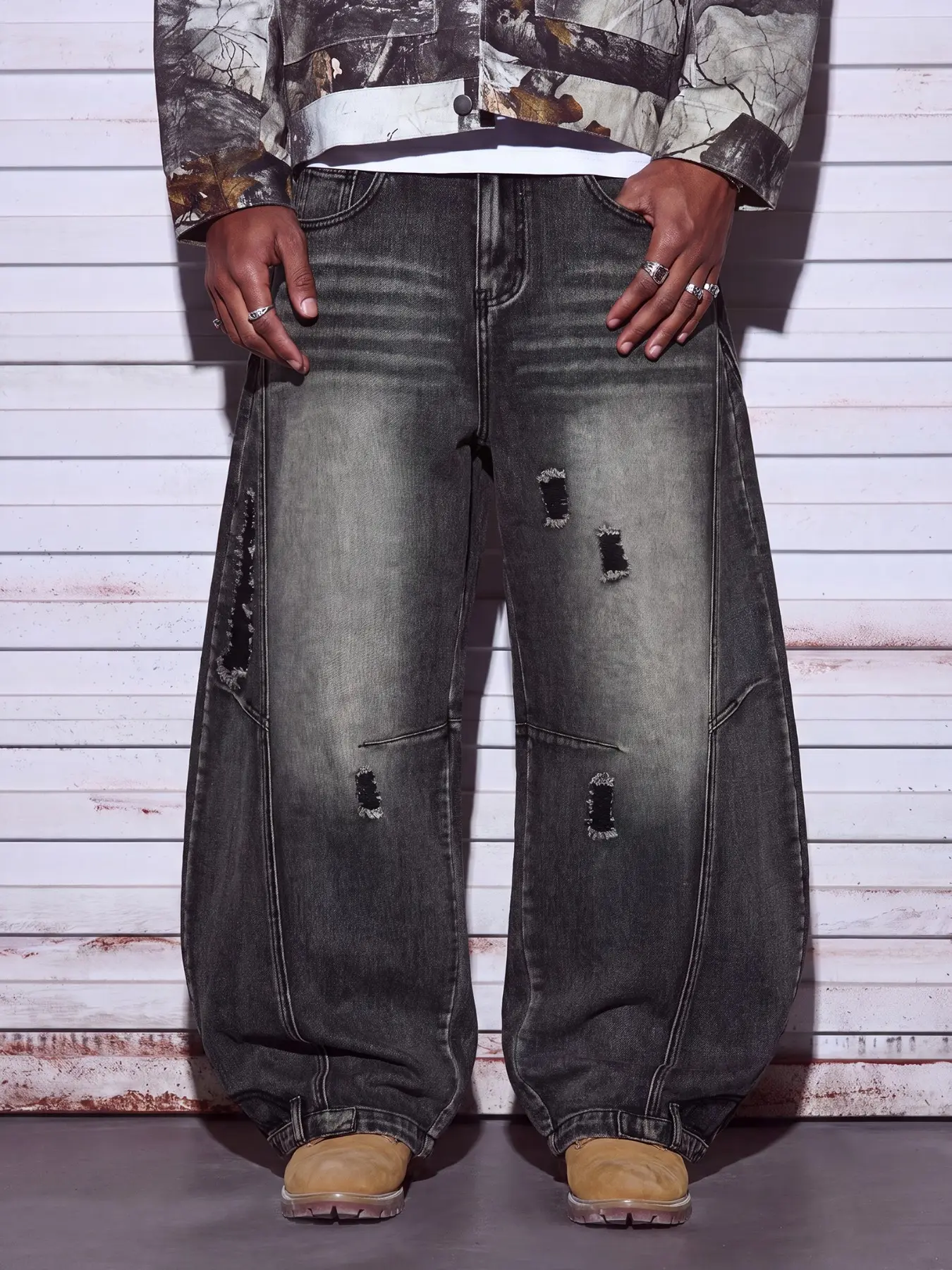 Men's Black Grey Wide Leg Curved Jeans, Side Panel Stitching with Distressed Details, American High Street Style Casual Denim Pants