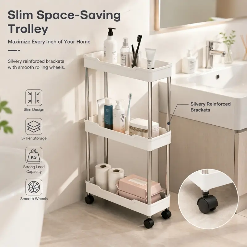3 tier slim rolling storage trolley cart narrow gap space saving organizer Racks with stainless steel support smooth wheels for bathroom kitchen laundry room narrow gap storage