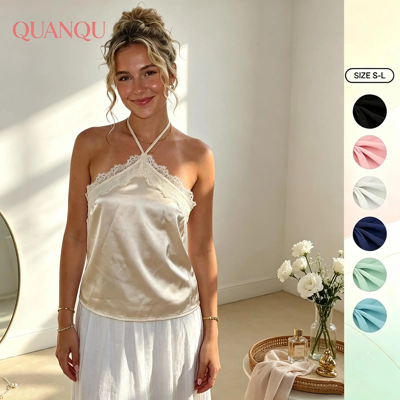 Women Tank Tops Halter Neck Sleeveless Lace Trim Satin Vest for Daily