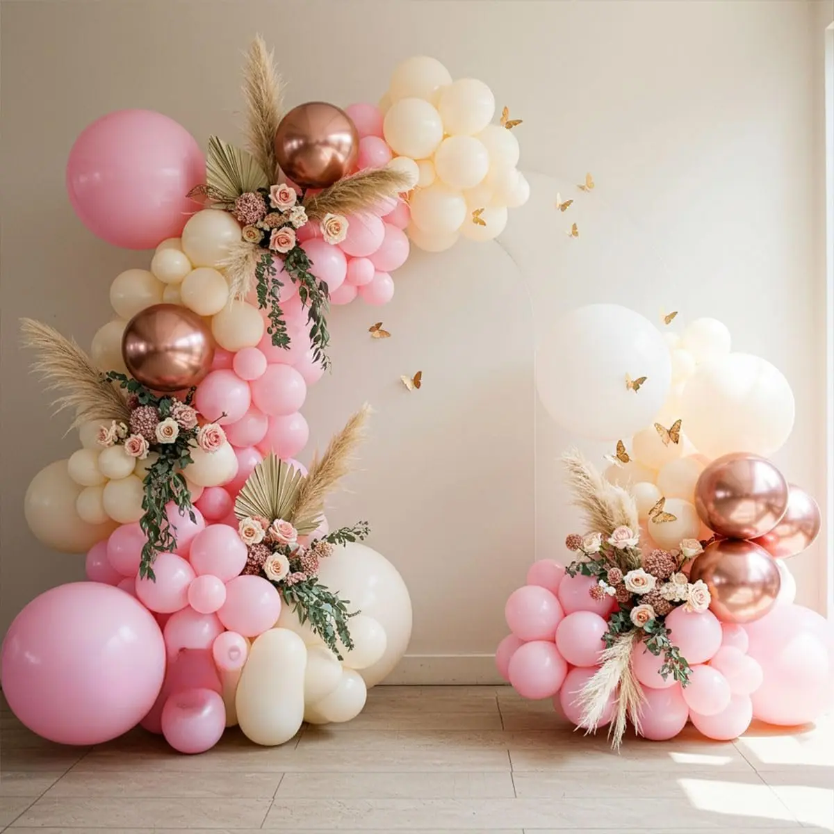Rose  Balloon Arch Kit – Double Stuffed Light  Cream White Balloons with  Butterflies for  Shower, Bridal, Birthday, Princess, Engagement, Garden Party Decorations