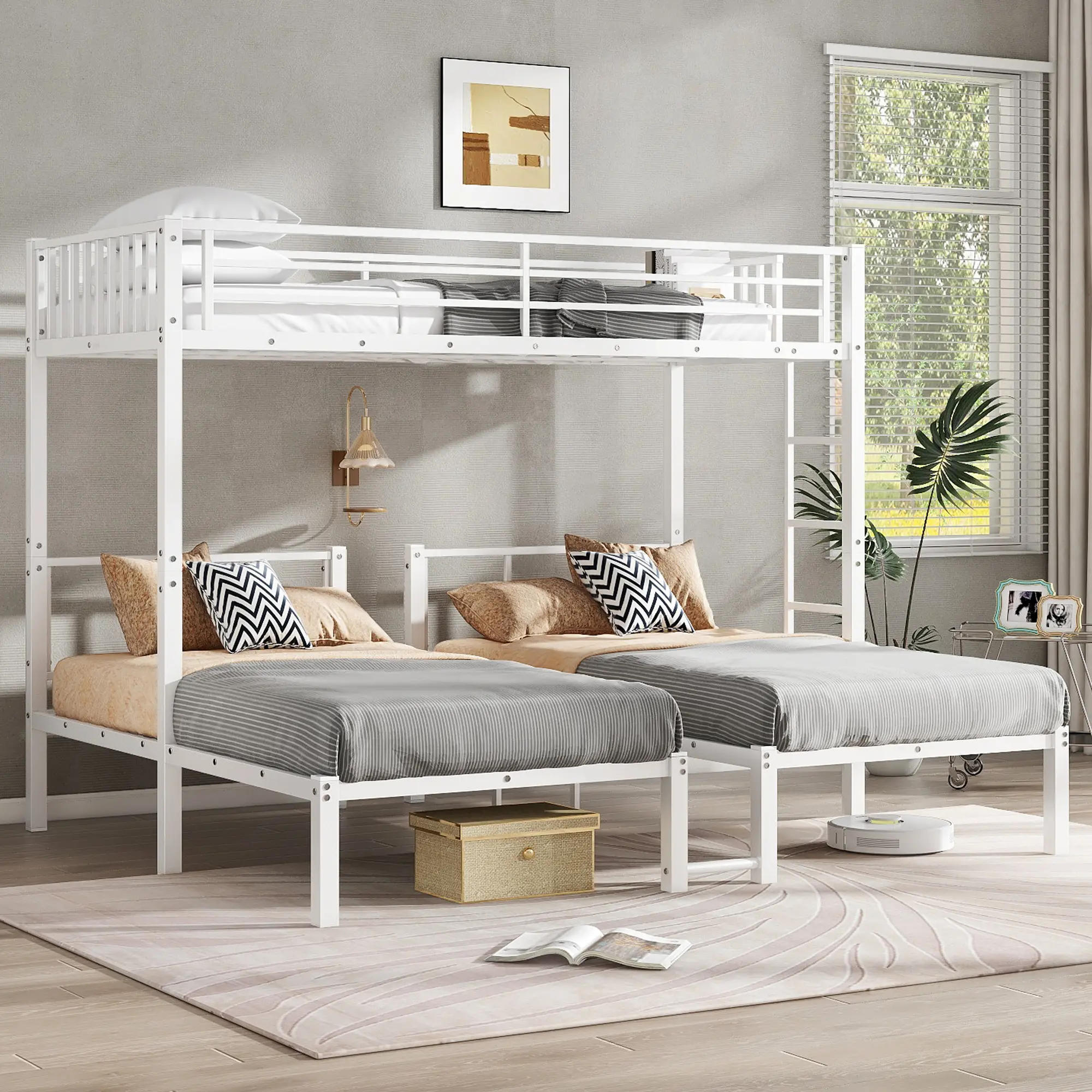 ARCH Metal Triple Bunk Bed for 3, Twin over Twin & Twin XL over Twin Bunk Bed Frame with Ladder, Space-Saving Bed for Kids Teens Adults, Durable Steel Frame, White Finish, Perfect for Bedroom Dorm Guest Room, Bedroom Furniture for Bedroom